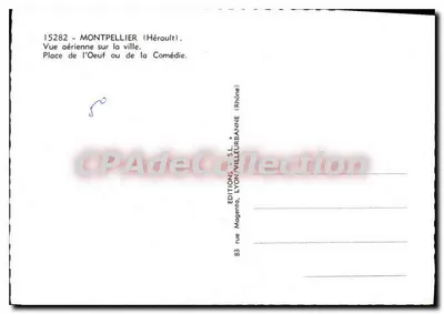 Montpellier (Hérault) — Widok z lotu ptaka na miasto. Place de l'Oeuf lub de la Comédie — Wydawnictwo S.L. Lyon/Villeurbanne — Rewers
