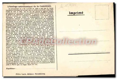 Relógio astronômico da Catedral — Strasbourg — Editor Félix Luih, n° 147 — Verso