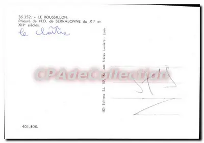 Prieuré de Notre-Dame de Serrabonne — façade romane avec colonnes à chapiteaux sculptés — Éditions S.L. Lyon — Verso