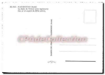 Nowoczesna pocztówka Narbonne Sala Skarbu z tkaniną złotą i srebrną z XVI wieku — Rewers