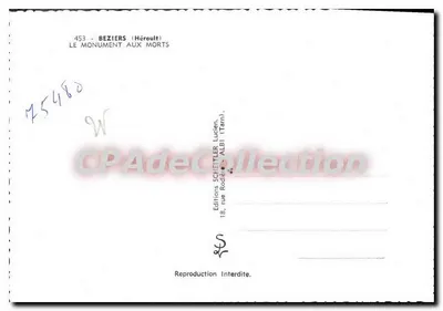 Beziers — Monumento aos Mortos — Edições Scheitler, Albi — Verso