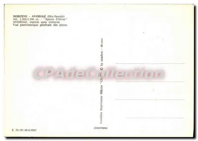 Bilhete postal moderno Morzine Avoriaz Estação de Avoriaz sem carros Vista panorâmica geral das pistas — Verso