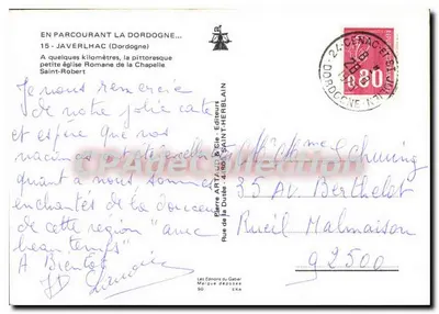 Rzymski kościół w Chapelle Saint-Robert — Javerlhac (Dordogne) — Wydawcy Pierre ARTAUD & Cie — Rewers