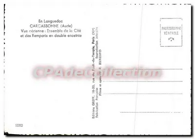 Carcassonne (Aude) — Vista ceriense : Conjunto da Cidade e dos Muros em dupla cinta — Edições GREFF, n°1080 — Verso