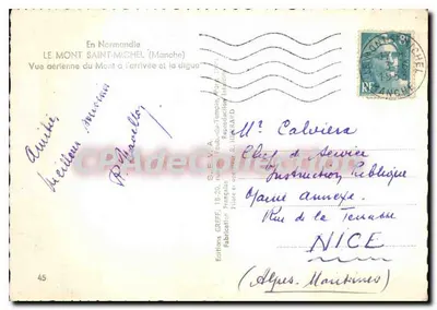 Mont Saint-Michel — vue aérienne à l'arrivée et la digue — Éditions Greff, Faub. du Temple, n°45 — Verso