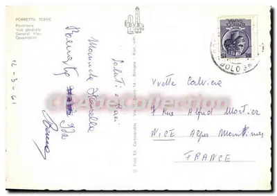 Porretta Terme — vue générale du village en contrebas de collines boisées — Éditeur DVB — Verso