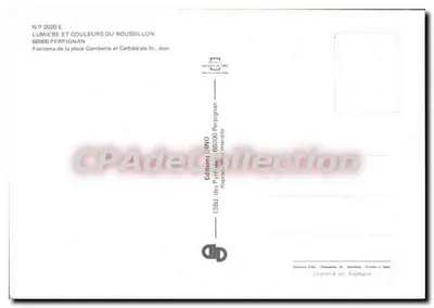 Perpignan — Fuente de la plaza Gambetta y Catedral de San Juan — Ediciones FISA — Reverso