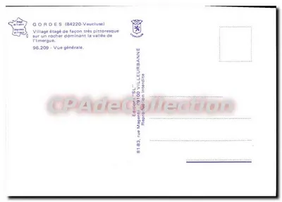 Gordes (84220-Vaucluse) — Aldeia disposta de forma muito pitoresca sobre uma rocha dominando a vale do Hermègue — Edição 'SL' Magente — Verso