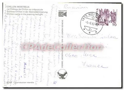 Chillon-Montreux — Château Chillon vào lúc hoàng hôn — Nhà xuất bản Pierre Jaeger & Fils SA, Geneva — Mặt sau