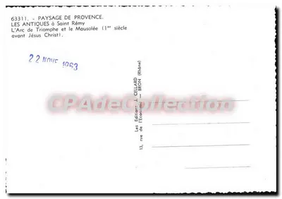 Saint-Rémy — Arc de Triomphe et Mausolée — Éditeur J. Cellard, n° 63311 — Verso