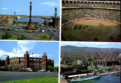 Barcelona — Panoramablick mit der Säule der Freiheit, dem Stierkampfplatz der Feria, dem Markt der Mercè und dem Hafen — Verlag Balligraf, Nr. 29