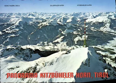 Panorama Kitzbüheler Horn, Tirol — vue des Alpes de Kitzbühel, avec le téléphérique et le sommet enneigé — éditeur non visible