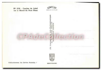 Zachód słońca nad masiwem Mont Blanc — PP 3236 — wydawca LUMICAP — Rewers