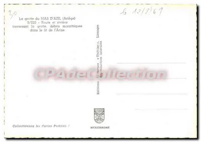 A gruta do MAS D'AZIL (Ariège) — 9/220 — Estrada e rio atravessando a gruta, detritos morrinos no leito do Arize — Éditions Diplomome, Limoges — Verso