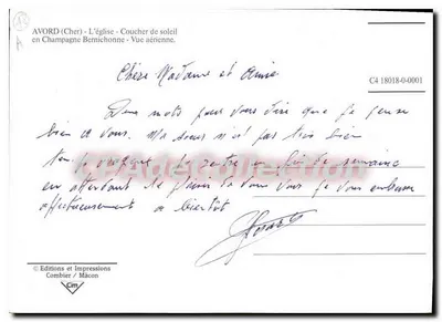 Avord — Kerk, zonsondergang, luchtfoto — Editions et Impressions Combier / Mâcon, serie C4 18018-0-0001 — Achterkant