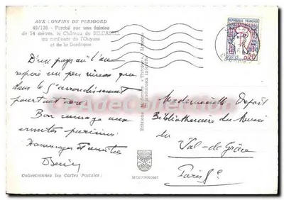Castelo de Belcastel — Sobre uma falésia de 54 metros no confluente do Ouyssè e da Dordogne — Éditions Méxichrome, n° 46/136 — Verso