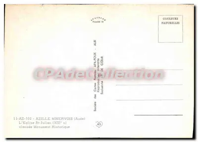 Azille Minervois — Igreja de São Julião (século XIII) — Sociedade das Cortes Poncelles, ALBI — Verso