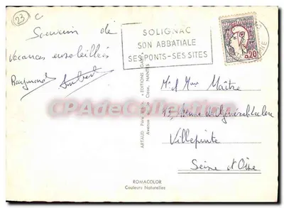 La Creuse — Carta postal turística com itinerário e folclore — Edições Artaud, Nantes — Verso
