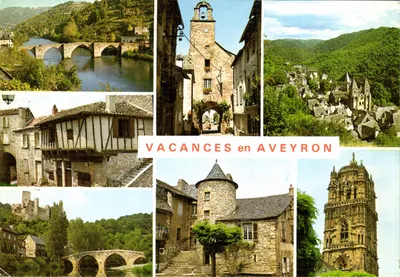 Bilhete postal semimoderno Férias no Aveyron villecomtal conques peyrusse belcastel montbazens rodez