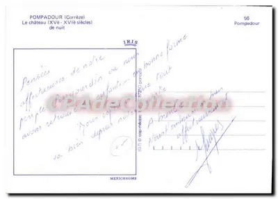 Półnowoczesna pocztówka Pompadour Corrèze Zamek w nocy — Rewers
