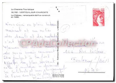 Bilhete postal semimoderno La Charente Touristique Verteuil sur Charente O Castelo notável edifício construído — Verso