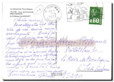 Bilhete postal semimoderno La Charente Tourisque Nas proximidades de Montbron o Castelo de Menet — Verso
