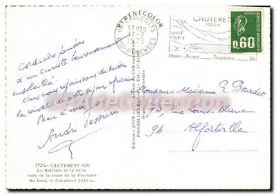 Cauterets — vue de la route de la Fruitière avec le Château de la Fruitière et les monts du Pic du Midi — Édition Jove — Verso
