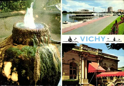 Półnowoczesna pocztówka Vichy Źródło Domu Le plan d'eau i jego promenady Wejście główne do Kasyna