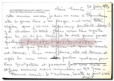 Półnowoczesna pocztówka Plombières-les-Bains Vosges Okace des Bains Romains ulica Stanisława — Rewers