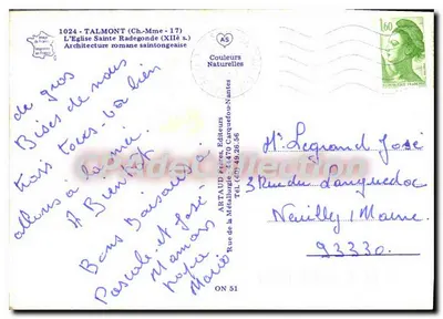 Semi-Modern Postcard Talmont Ch Mme l'Eglise Sainte Radegonde — Back