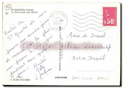 St-Quentin (Aisne) — Monumento aos Mortos — Impressor Mignon (71, S.A.L.) — Verso