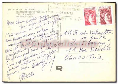 Hôtel du Parc — Vorey — Éditeur L. Rocher — Verso