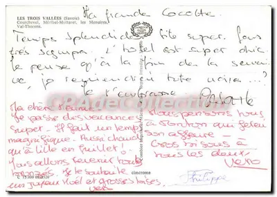 Le tre Vallée — Courchevel, Méribel-Mottaret, Les Menuires, Val Thorens — Editore: Combiert Imprimeur — Verso