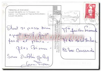 Cartolina semi-moderna Cartolina semi-moderna Trouville Calvados il porto di pesca sulla Touques il Casinò la Touques e la chiesa Notre Dame — Verso