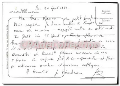 Paryż — Wieża Eiffla widziana z powietrza — Wydawnictwo Chantal, nr 447 — Rewers