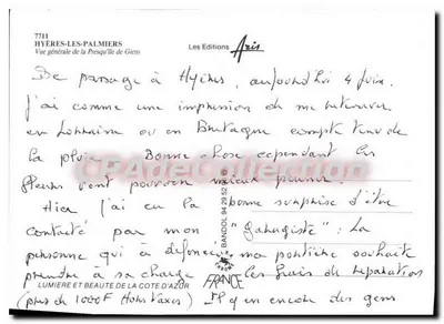 Hyères-les-Palmiers — Vista geral da Península de Giens — Les Editions Aris, n°7711 — Verso