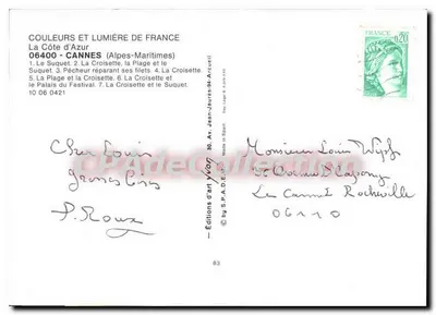 Półnowoczesna pocztówka La Cote d'Azur Cannes Alpes Maritimes le Suquet la Croisette la plage et le Suquet Pecheur repa — Rewers