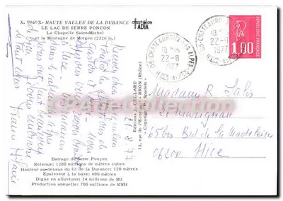 Bilhete postal semimoderno Alta Valey da Durance, o Lago de Serre Poncon, a Capela de São Michel e a Montanha de Mo — Verso