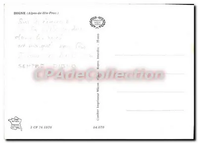 Digne — vista panorâmica, estátua, igreja e rua — Digne-les-Bains, editor Combier — Verso