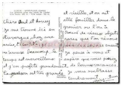 Saint-Flour — Vista geral tirada das margens do Ander — Edições 'La Cigogne' Hachette, Vichy — Verso