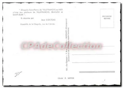 Półnowoczesna pocztówka Krypta św. Piotra w Villefranche-sur-Mer ostrzega rybaków z Villefranche Beaulieu i — Rewers