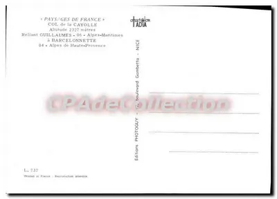 Półnowoczesna pocztówka Widoki Francji Przełęcz Cayolle Łącząca Guillaumes Alpy Morskie do Barcelonnette Alpy Wysokiej Prowansji — Rewers