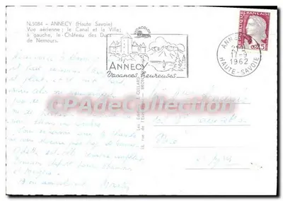 Anneyce (Haute-Savoie) — Widok z powietrza kanału i miasta, zamek Duków Nemours po lewej — Wydawnictwo J. Cellard — Rewers