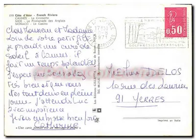 Cannes, Nice, Monte-Carlo — Côte d'Azur, vue panoramique avec voiliers, palmiers et jardin fleuri — Les Éditions GILLETTE — Verso