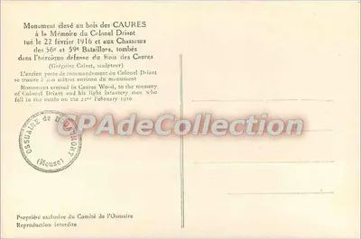 Monument aux Chasseurs des 56e et 59e Bataillons — Caures Wood — Grégoire Calvet, sculpteur — Reverso