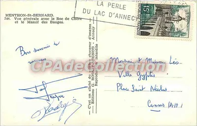 Menthon-St-Bernard — Ogólny widok z Roc de Chère i Massif des Bauges — Wydawnictwo G. Rossat-Mignod — Rewers