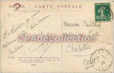 Reims — Praça do Parvis após os bombardeios — editor COLOR Paris, n° 3026 — Verso