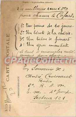 S. Cuistot — caricatura de um cozinheiro com legumes e texto satírico — editor Marrechoux, n° 3012 — Verso