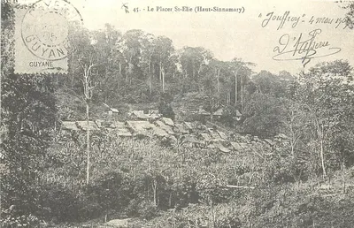 Le Placer St-Elie (Haut-Sinnamary) — vista da localidade cercada de floresta — editor desconhecido, n° 45