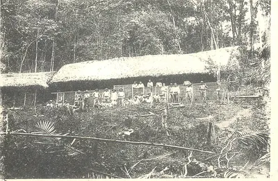Grupo de homens diante de uma cabana de bambu e palha — Floresta tropical — Carte postale anônima